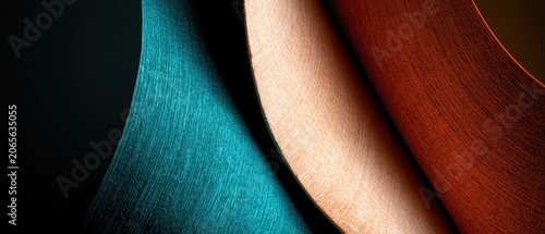 Abstract curves of textured fabric in blue, beige, and rust colors