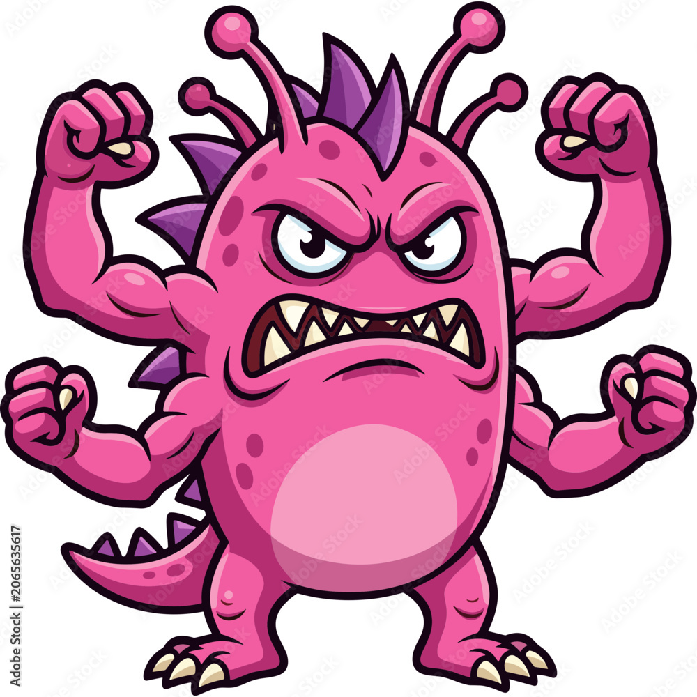 Fototapeta premium A pink cartoon monster with purple spikes shows muscles in a threatening stance indoors.