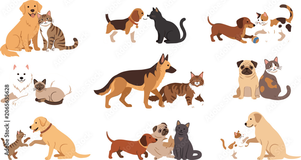 Obraz premium Pixel art dogs and cats sitting and playing with colorful presents Vector