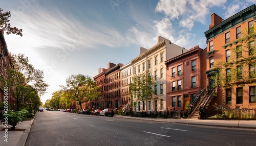 row of beautiful old and fancy townhouses along an empty street on the upper east side of new york city