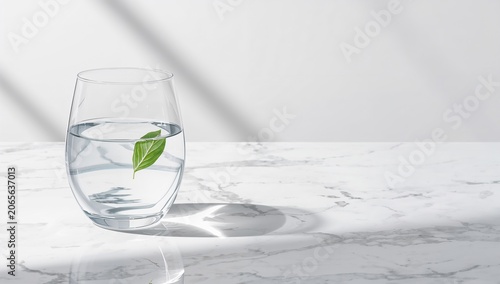 Clear glass of water with floating green leaf on marble surface and white background