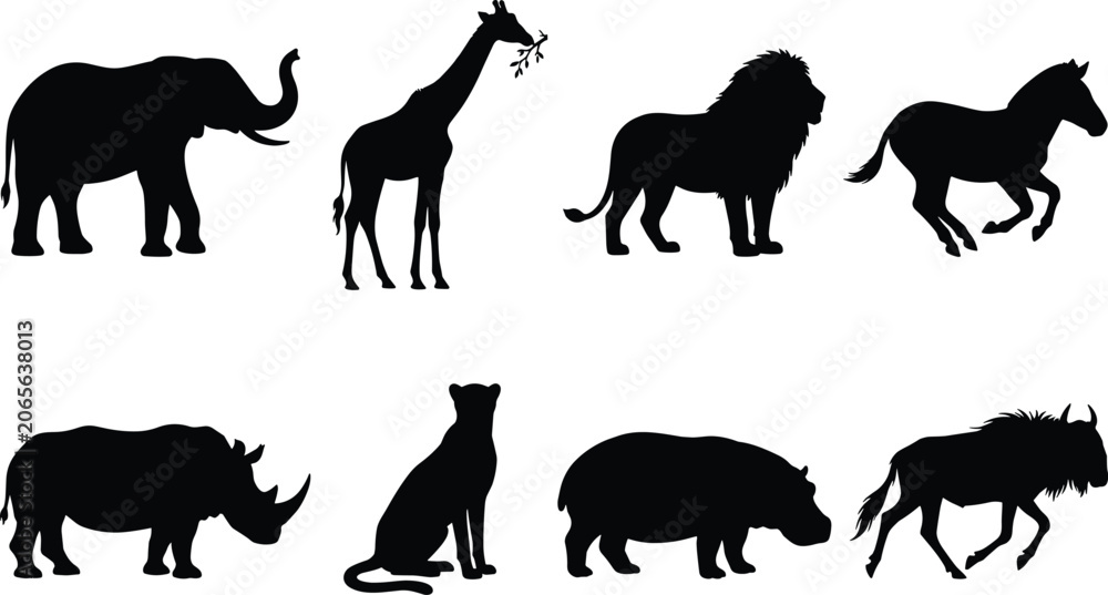 Obraz premium African Wildlife Animal Silhouette Collection with Safari Mammals Vector Set