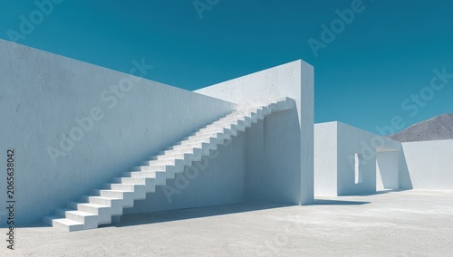 Clean White Minimalist Modern Architecture With Geometric Stairs Against A Bright Blue Sky On A Clear Day