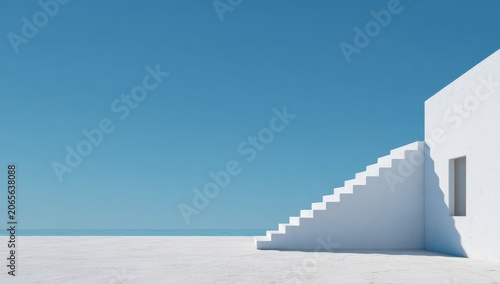 Clean White Modern Architectural Staircase Leading Upwards Against A Bright Blue Sky Overlooking A Calm Ocean Reflecting Sunlight On A Sandy Shore