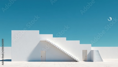 Clean White Minimalist Modern Architecture With Stairs And Doors Under A Bright Blue Sky With A Crescent Moon Visible in The Distance Outdoor Scene