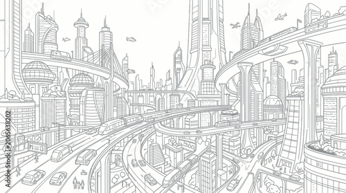 Photos Futuristic city with high speed transport and sleek skyscrapers