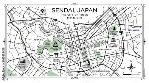 Photos Vintage minimalist map of sendai city in japan