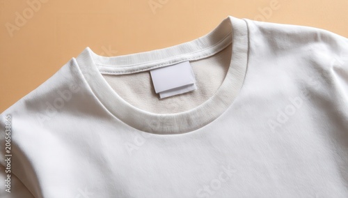 Clean White T-Shirt Mockup with Blank Tag on Neckline Displayed Flat Against a Warm Beige Background Perfect for Apparel Branding and Design Presentation