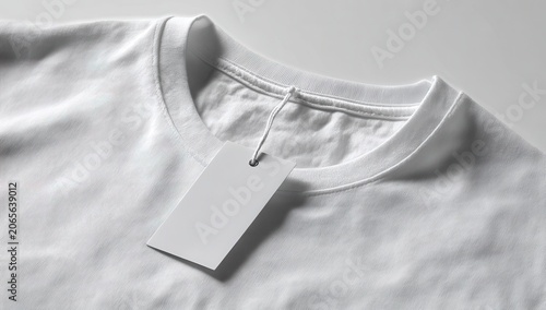 Clean White T-Shirt Mockup With Plain Rectangular Tag Attached To Neckline On White Background With Soft Studio Lighting