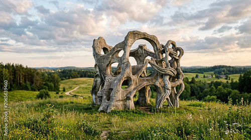 Abstract cement sculpture overlooking a green valley
