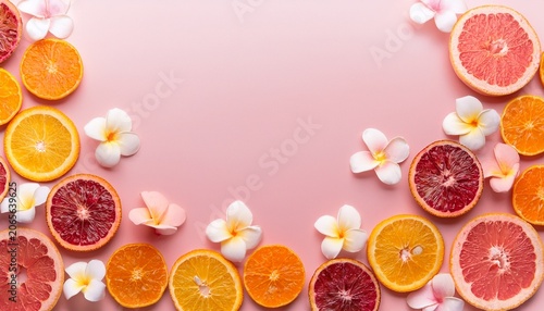 juicy pink and orange citruses circle slices on pale pink background with frangipani and orange blossom flowers summer optimism background flat lay of sliced citrus fruits