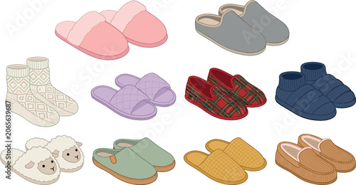 Quadro su tela Cozy house slippers vector illustration collection featuring cartoon fuzzy slipp