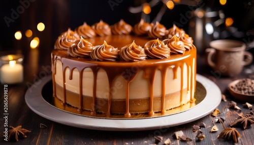 luxurious salted caramel cake with chocolate curls buttercream swirls and rich dripping glaze presented in soft ambient light