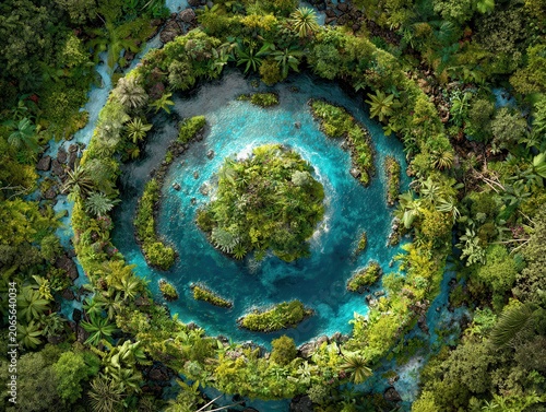 Circular Earth Shape Lush Greenery Ecosystem Aerial View Vibrant Blue Water Reflecting Light Surrounded by Dense Jungle Foliage Tranquil Nature Scene