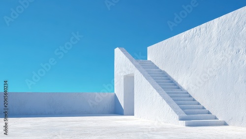 Clean Architectural Staircase Ascending Towards a Vibrant Blue Sky Against a Textured White Wall Minimalist Design Sunny Day Outdoor Setting Geometric Shapes Bright Sunlight