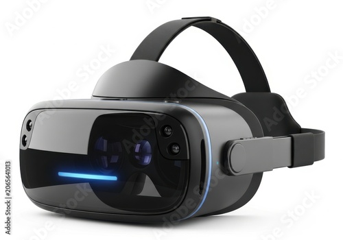 Modern virtual reality headset with adjustable strap isolated on white background
