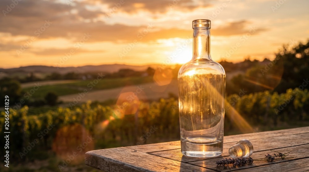 Obraz premium Empty glass bottle glowing in golden hour sunlight with lens flare beverage advertising concept