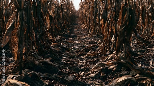 Desolate shriveled crops grow in rows under harsh unforgiving light emphasizing a scene of severe drought and barrenness