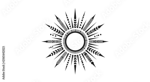 Boho style sun symbol with geometric rays and dots.