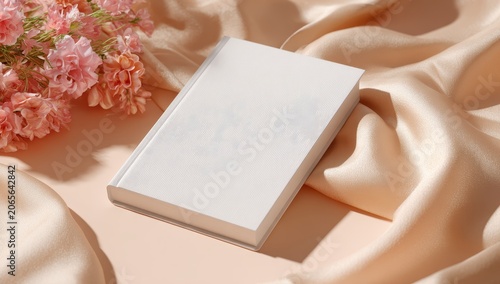 Clean White Hardcover Book Mockup Centered on a Light Peach Satin Fabric Background with Delicate Pink Flowers Soft Lighting Creates an Elegant Aesthetic