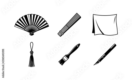 Traditional Japanese Stationery and Accessories Set with Folding Fan, Calligraphy Brush and Tassel Line Icons