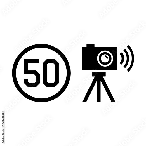 Bild auf Leinwand Fifty speed limit road sign and speed camera icon with enforcement, surveillance