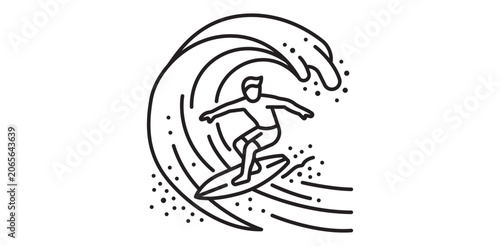 Fényképezés A black line drawing of a surfer riding a wave isolated on white background