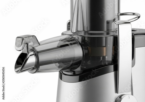 Close up detail of a modern silver and clear juicer spout mechanism isolated on white background