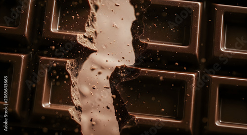 Dark chocolate break splashing cocoa and square chocolate pieces