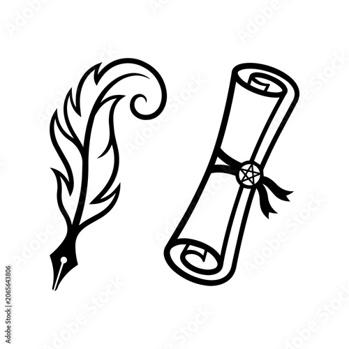 Cuadro en lienzo Quill pen and rolled parchment scroll with pentacle seal graphic, parchment