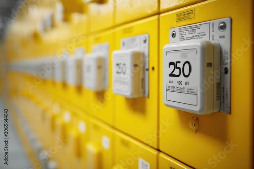 Close-up of Yellow Electrical Panel Breakers with Digital Readouts Indoors Illuminated by Industrial Lighting