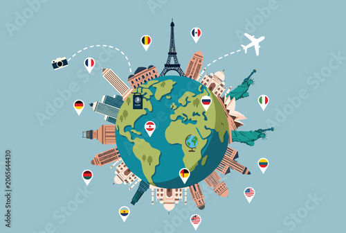 Earth globe is surrounded by iconic world landmarks flags and travel icons on a light blue background for international tourism.