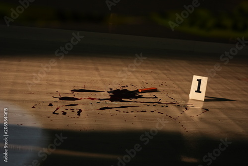 Canvastavla A bloodstained knife lies beside numbered evidence markers and blood spatter on a dark floor at a crime scene murder investigation