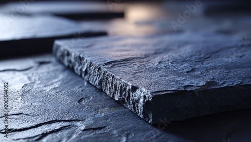 Close up on deep navy blue slate tiles revealing rough textured surface with subtle water droplets reflecting soft moody lighting creating a dramatic abstract background
