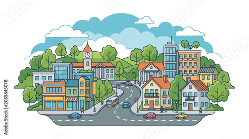 Fotografie Suburban town landscape with houses buildings and winding road