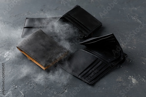 Wallets on a grey surface with smoke in the background, showcasing materials and design without any users present
