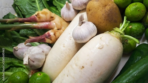 Close-up of mixed fresh ingredients vegetables for cooking