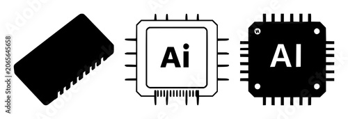 Microchip set with solid black icon and white background featuring technology, AI branding, electronics with vector design and minimalist lines