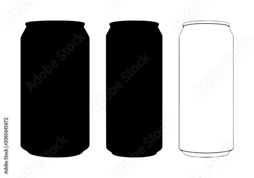 Black silhouette, white background: soda can set with simple line art design featuring simple design, minimalist, black and white with illustrations and graphics