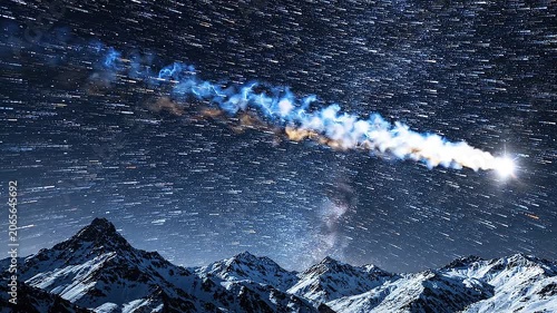 Large Meteor Falling Through Starry Night Sky Over Snow Capped Mountain Range, Long Exposure Star Trails Time-lapse