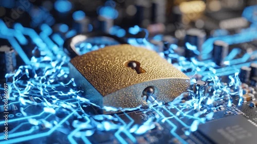 Golden Padlock Securing Digital Data on Circuit Board with Glowing Blue Energy Pulses, Macro View