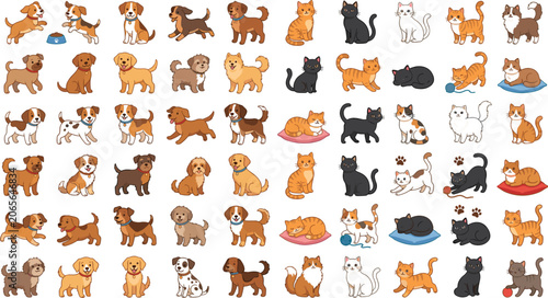 Fotografie Collection of different dog and cat breeds sitting and standing as icons Vector