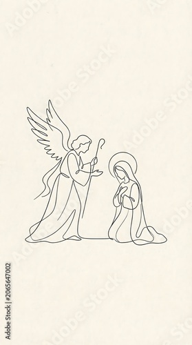 Annunciation with angel and Mary kneeling in minimalist outline style  
