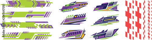 Collection of dynamic vehicle wrap graphics and geometric racing livery decals isolated on a plain white background.