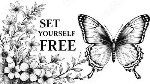 Minimal Nature Illustration – Detailed Butterfly Wings with Floral Elements and Empowering Typography