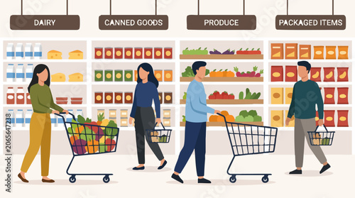 Photos People shopping for groceries in a modern supermarket aisle
