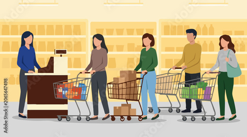 People shopping at grocery store, customers with carts in checkout line