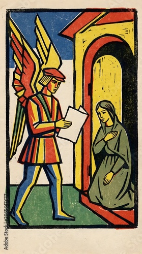 Annunciation scene: Archangel Gabriel announcing to Virgin Mary in colorful illustration  