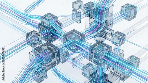 3D rendering of a complex network of blue and purple lines and cubes in space
