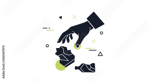 Minimalist graphic illustration of a hand cleaning up litter and plastic waste.